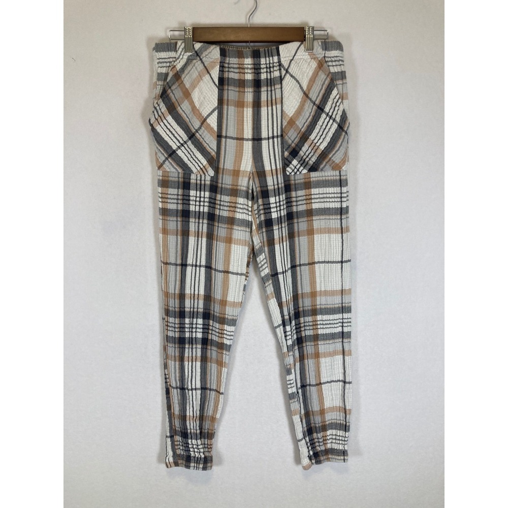 Cottagecore Aerie Womens Medium Tan Cream Plaid Cotton Gauze Jogger Lounge Pants